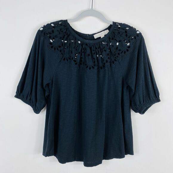 Ann Taylor LOFT Size XS Eyelet Yoke Swing Tee Top Black 100% Cotton - Picture 1 of 4